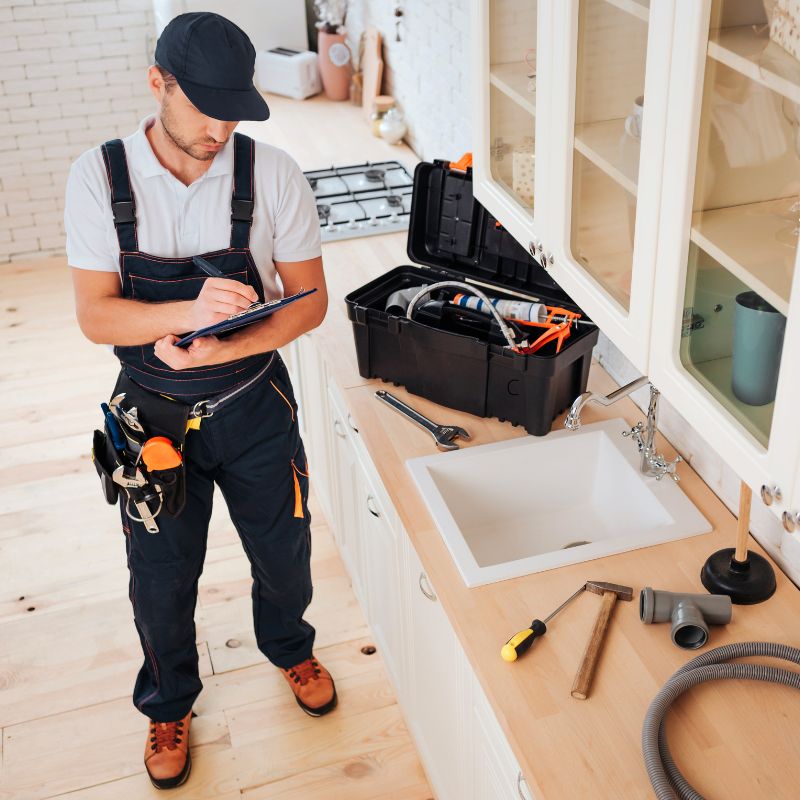 Photo d'un homme en tenue de bricolage dans une cuisine pour illustrer une entreprise de debarras, bricolage et montage de meubles