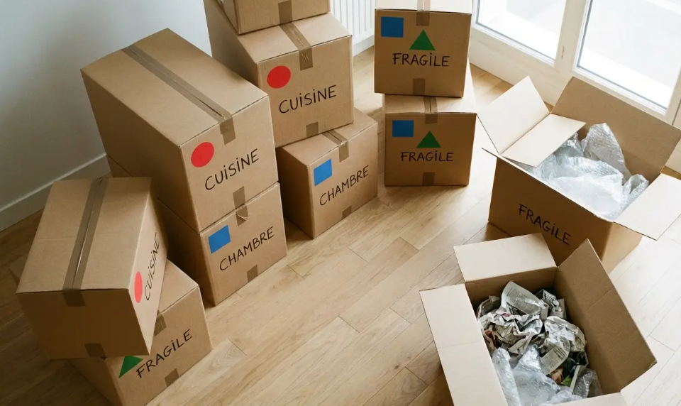 Cartons de déménagement étiquetés et empilés – studio et T2 en Suisse romande